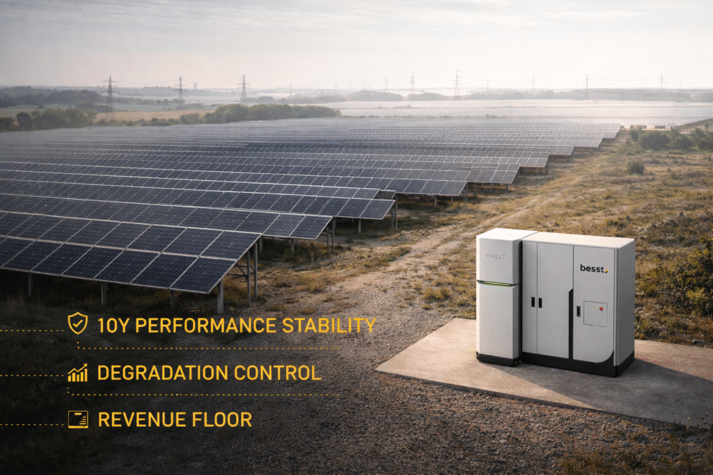 Aerial, high-end editorial photograph of a large utility-scale solar farm stretching to the horizon under soft daylight. In the foreground, a VAULT battery unit stands next to a besst energy storage cabinet on a concrete pad, positioned as central infrastructure supporting the entire site. Subtle yellow graphic overlays highlight “10Y Performance Stability,” “Degradation Control,” and “Revenue Floor,” reinforcing long-term asset protection. Transmission towers are visible in the distance, grounding the scene in grid-connected infrastructure and institutional investment context.Aerial, high-end editorial photograph of a large utility-scale solar farm stretching to the horizon under soft daylight. In the foreground, a VAULT battery unit stands next to a besst energy storage cabinet on a concrete pad, positioned as central infrastructure supporting the entire site. Subtle yellow graphic overlays highlight “10Y Performance Stability,” “Degradation Control,” and “Revenue Floor,” reinforcing long-term asset protection. Transmission towers are visible in the distance, grounding the scene in grid-connected infrastructure and institutional investment context.
