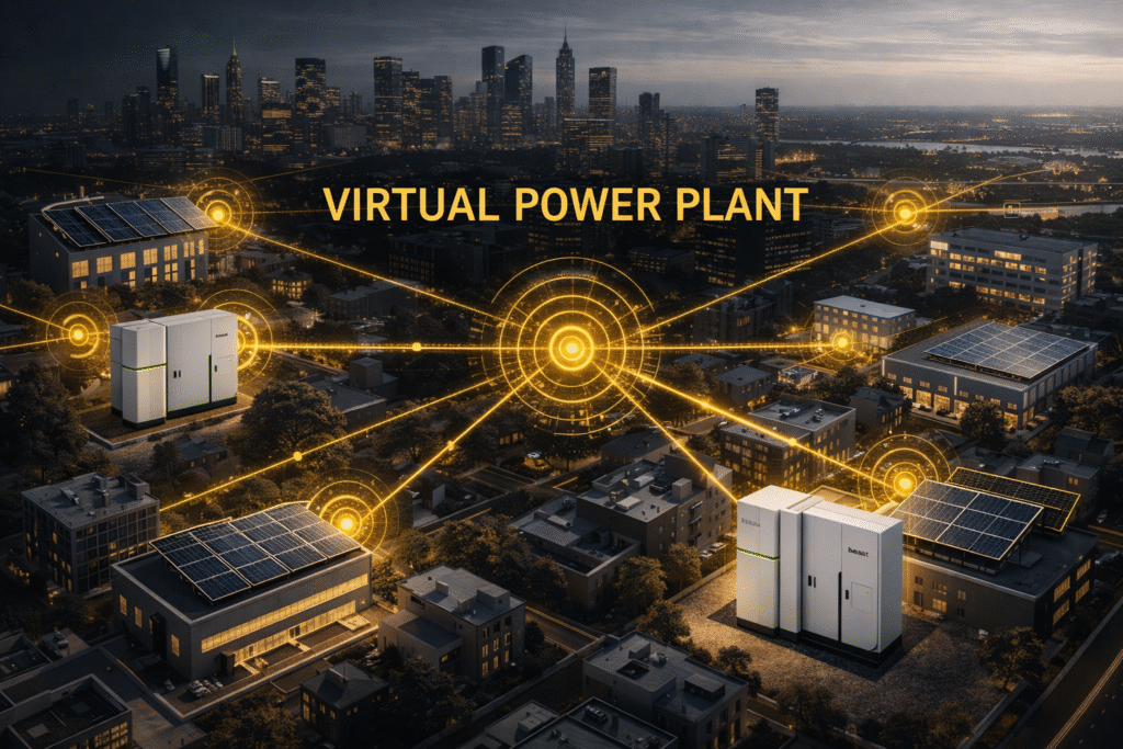 High-end editorial illustration of a distributed residential energy network at dusk. In the upper left, a modern living room features a besst energy storage unit installed indoors. Along the bottom, three suburban homes with rooftop solar panels each include a visible home battery system. Thin yellow network lines connect the houses to one another and to a stylized European map overlay in the upper right, symbolizing cross-border aggregation. Subtle transmission towers and grid lines appear beneath the homes, reinforcing that thousands of connected households can function collectively as a large, hidden power plant.