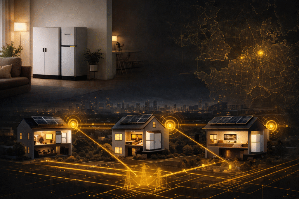 High-end editorial illustration of a distributed residential energy network at dusk. In the upper left, a modern living room features a besst energy storage unit installed indoors. Along the bottom, three suburban homes with rooftop solar panels each include a visible home battery system. Thin yellow network lines connect the houses to one another and to a stylized European map overlay in the upper right, symbolizing cross-border aggregation. Subtle transmission towers and grid lines appear beneath the homes, reinforcing that thousands of connected households can function collectively as a large, hidden power plant.