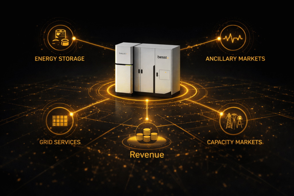 High-end, dark-themed infographic illustrating BESS revenue streams. At the center, a VAULT battery unit stands beside a besst cabinet, positioned on a circular yellow-lit platform. Thin yellow lines radiate outward from the system to four labeled nodes: Energy Storage, Ancillary Markets, Capacity Markets, and Grid Services. Each revenue stream is represented with a minimal icon and connected symmetrically, visually emphasizing stacked and diversified income sources from a single battery energy storage system.