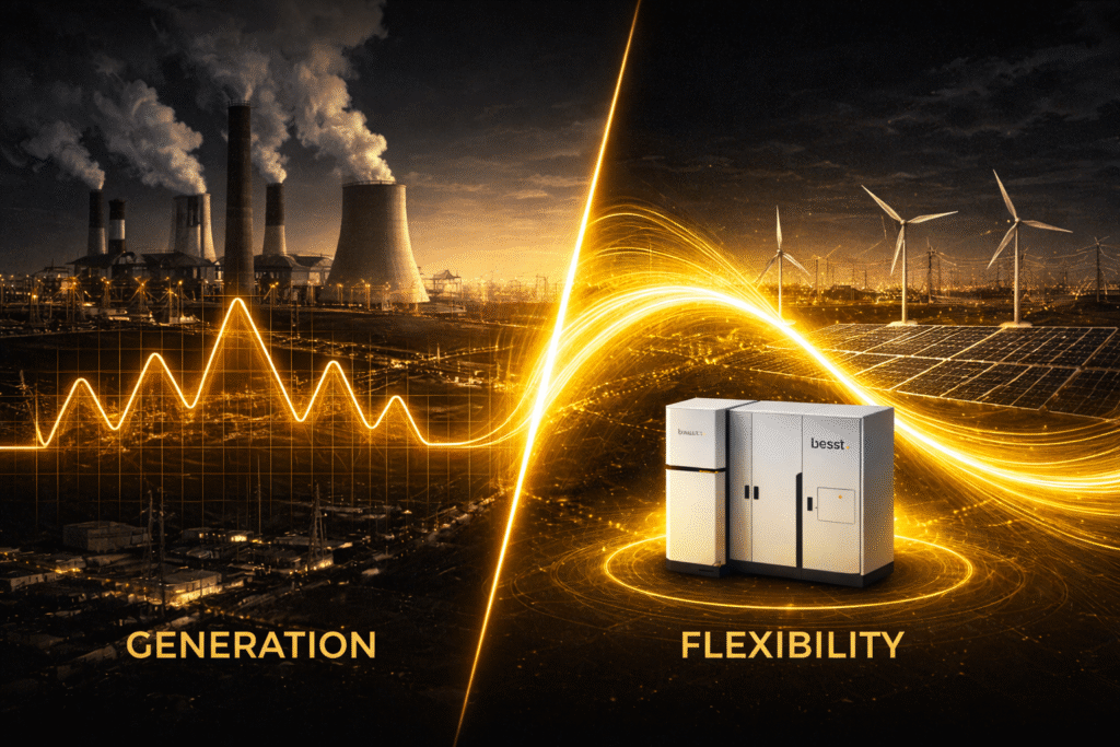 Split-screen, high-contrast conceptual illustration comparing centralized generation and energy flexibility. On the left, a large industrial power plant with cooling towers and smokestacks operates at night, overlaid with a volatile yellow energy waveform labeled “Generation.” On the right, VAULT and besst battery storage units sit in front of solar panels and wind turbines, surrounded by a smooth, flowing yellow energy curve labeled “Flexibility.” A bright diagonal line divides the two sides, emphasizing the contrast between rigid output and controlled, dispatchable energy management.