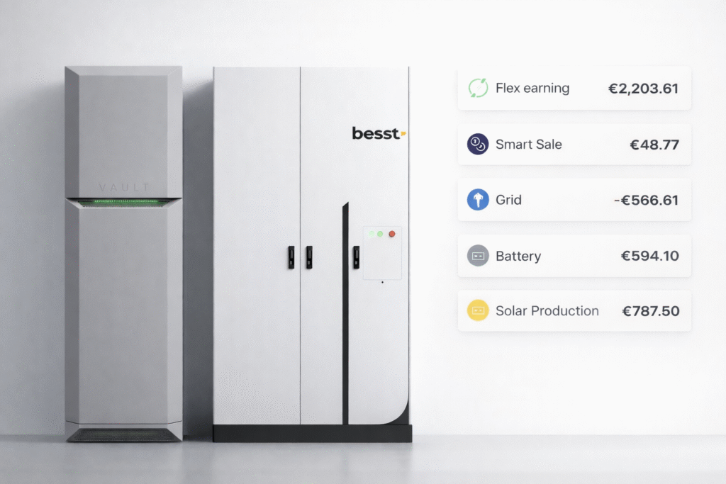 Two realistic battery storage systems standing side by side in a clean white studio environment. On the left is a tall grey unit labeled “VAULT” with a subtle green LED strip, and on the right a larger white cabinet labeled “besst” with a small control panel. To the right of the batteries, minimal UI-style panels display financial figures: Flex earning €2,203.61, Smart Sale €48.77, Grid -€566.61, Battery €594.10, and Solar Production €787.50.