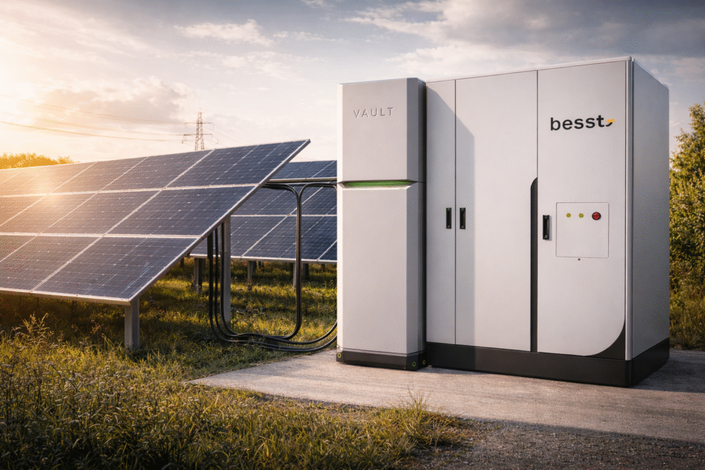 High-end editorial photograph of a ground-mounted solar array at golden hour connected to two energy storage units. In the foreground, a sleek VAULT battery with embossed “VAULT” text positioned near the upper front panel stands beside a larger besst-branded cabinet in black and yellow accents. Thick black cable routing runs cleanly from the rear of the solar panels into the ESS units, clearly showing system integration. A faint transmission tower and power lines are visible in the distant background, implying grid participation. The scene is ultra-detailed, realistic, and investment-focused, with warm sunlight and a calm industrial atmosphere.