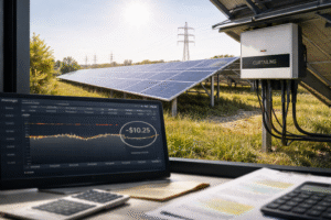 High-end editorial photograph of a ground-mounted solar farm under clear midday light, viewed from inside a control space. In the foreground, a laptop displays an electricity price graph dipping into negative territory, with a highlighted negative price value. Through the window, rows of solar panels operate at full output, while a nearby inverter unit with a red indicator light signals curtailment. Transmission towers stand in the distance, suggesting grid congestion. No energy storage system is present, visually reinforcing the financial losses solar owners face without ESS.